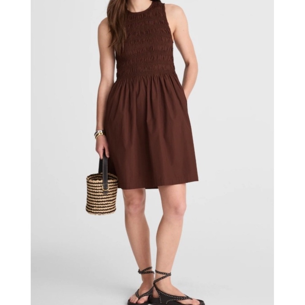 Madewell Smocked Mini Dress in Cotton Poplin Brown NW337 XS‎